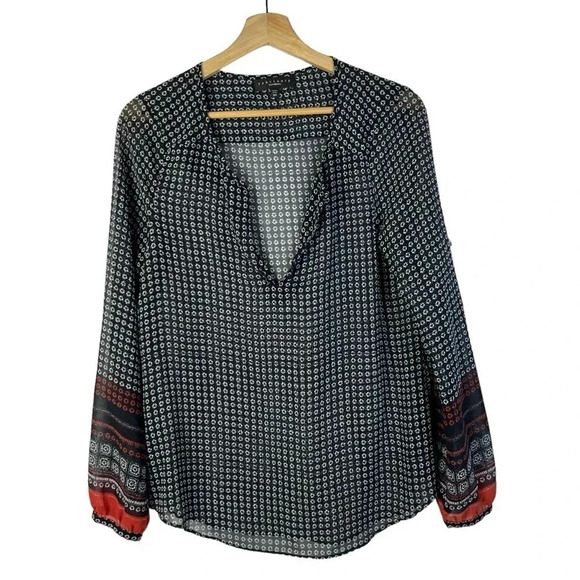 Sanctuary Blue & White Printed Colorful Cuff Sheer Long Sleeve Blouse XS - Picture 1 of 3